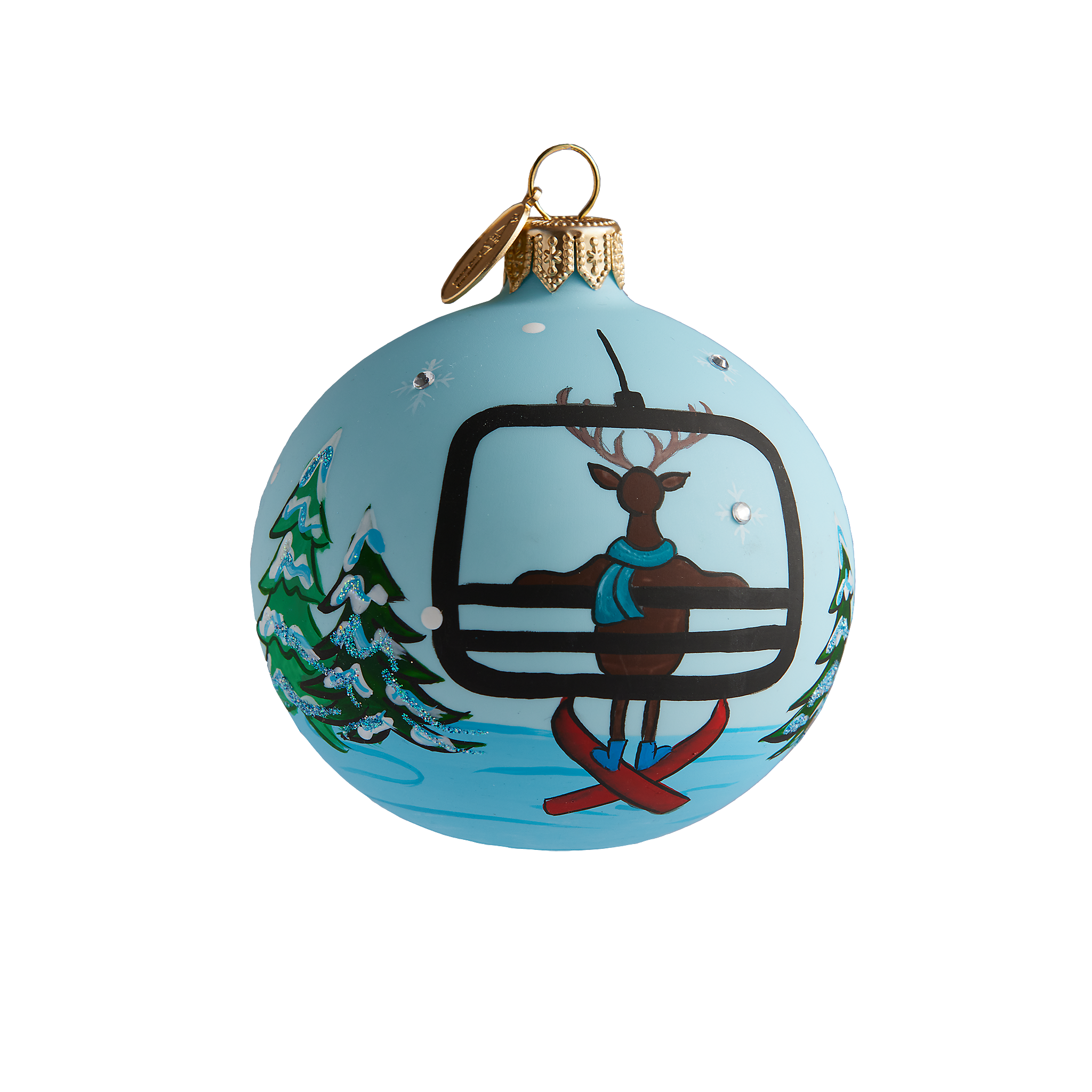 handmade ornament of bucky the deer on a chairlift 