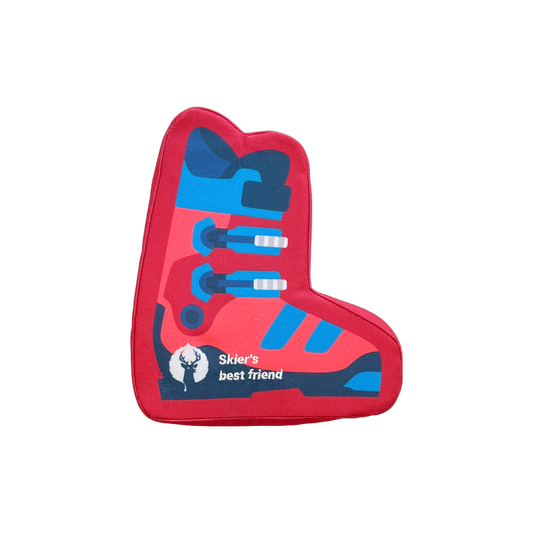 red plush ski boot with deer valley logo and squeaker for dogs