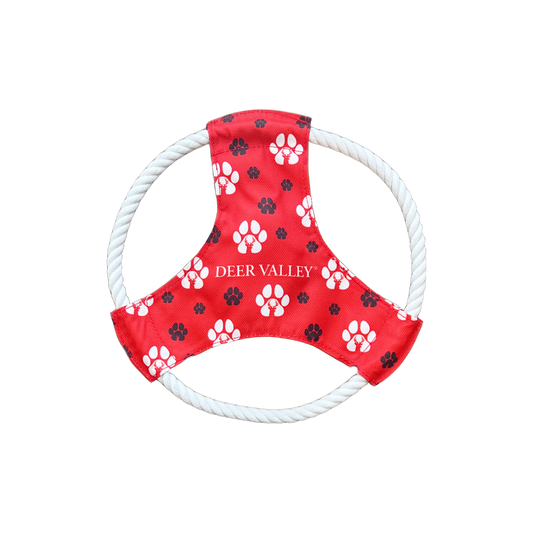 red and white dog paw throwable rope toy with deer valley logo