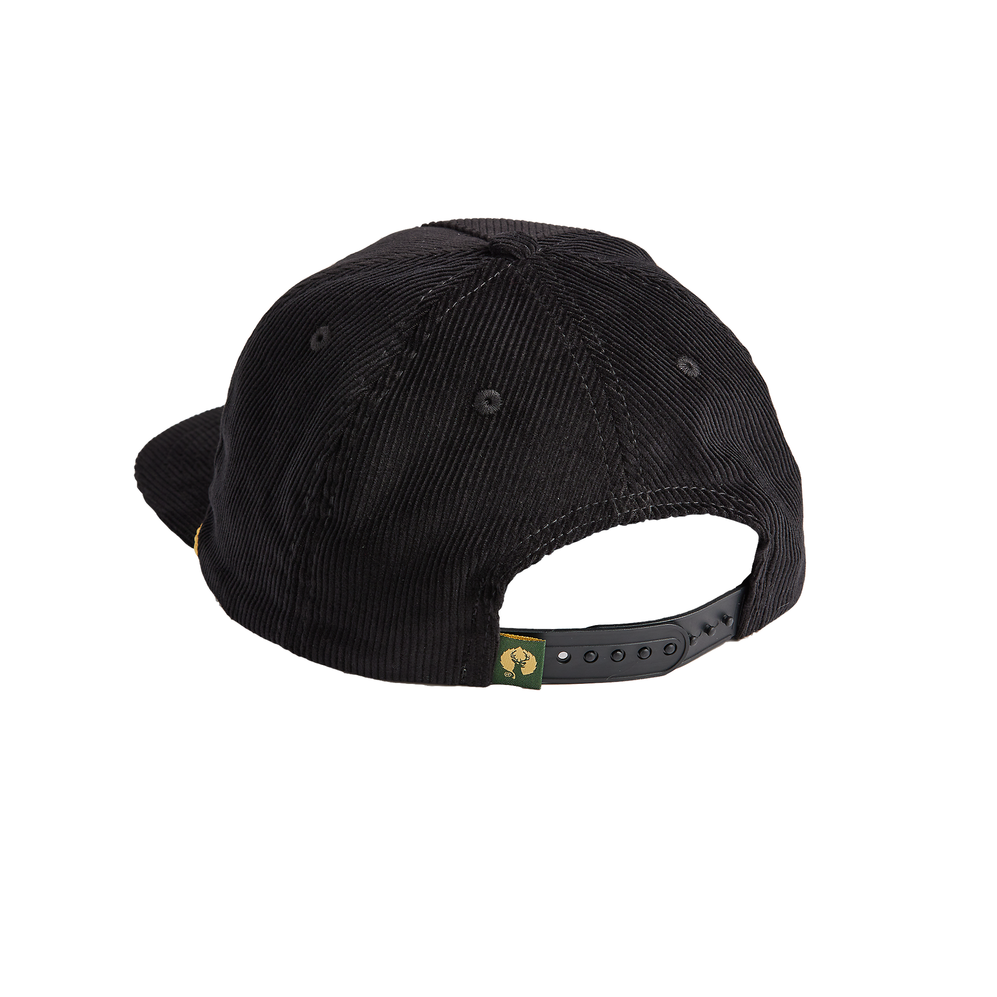 Back view of black corduroy cap with golden rope across brim and adjustable snapback