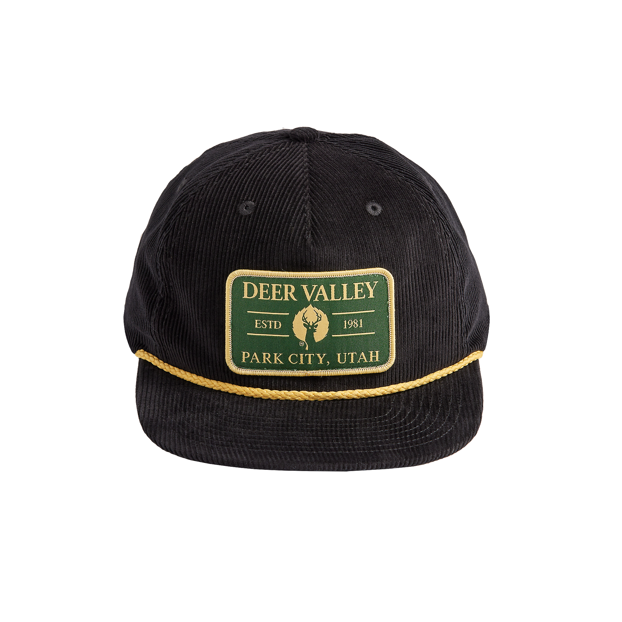 Black corduroy cap with golden rope across brim and adjustable snapback