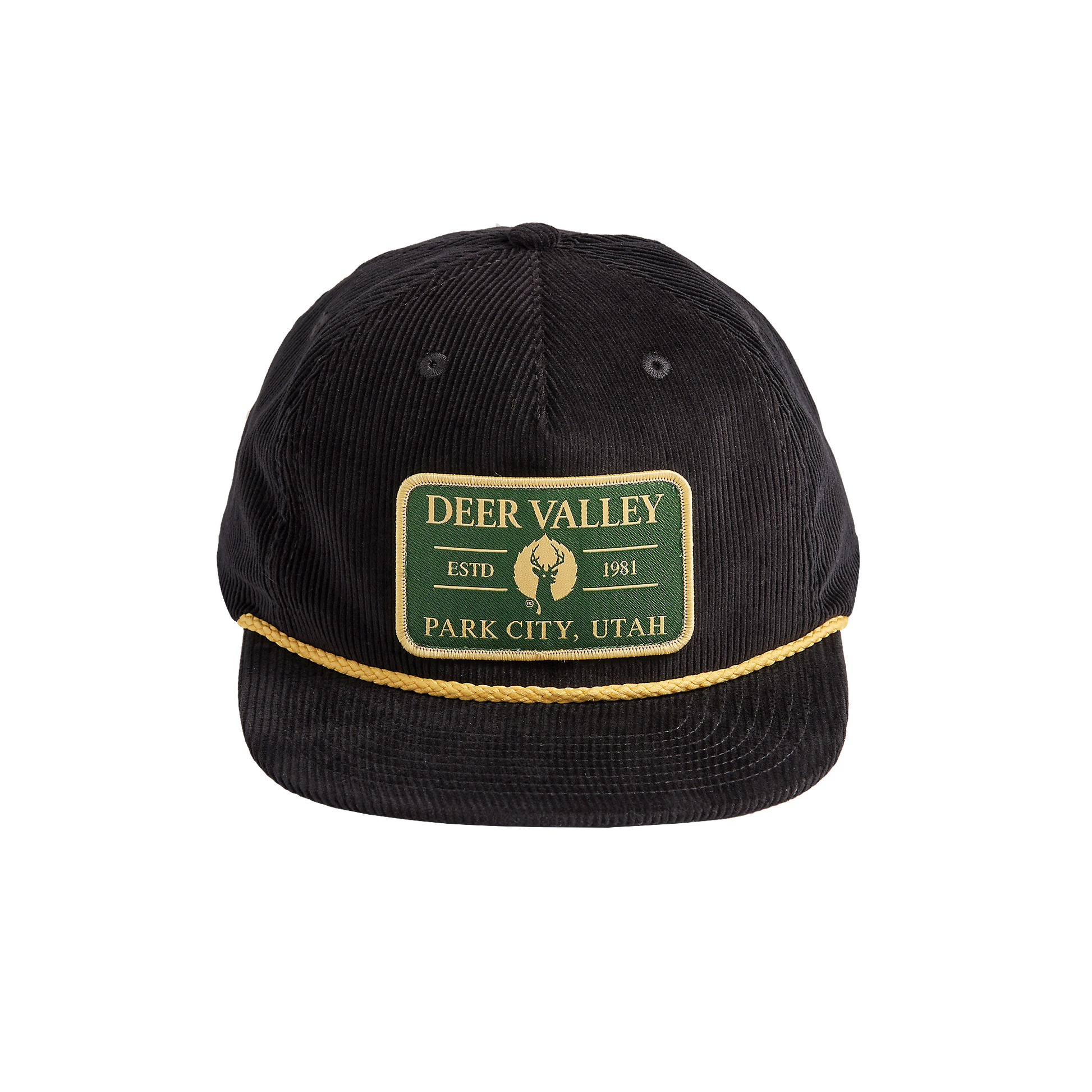 Black corduroy cap with golden rope across brim and adjustable snapback