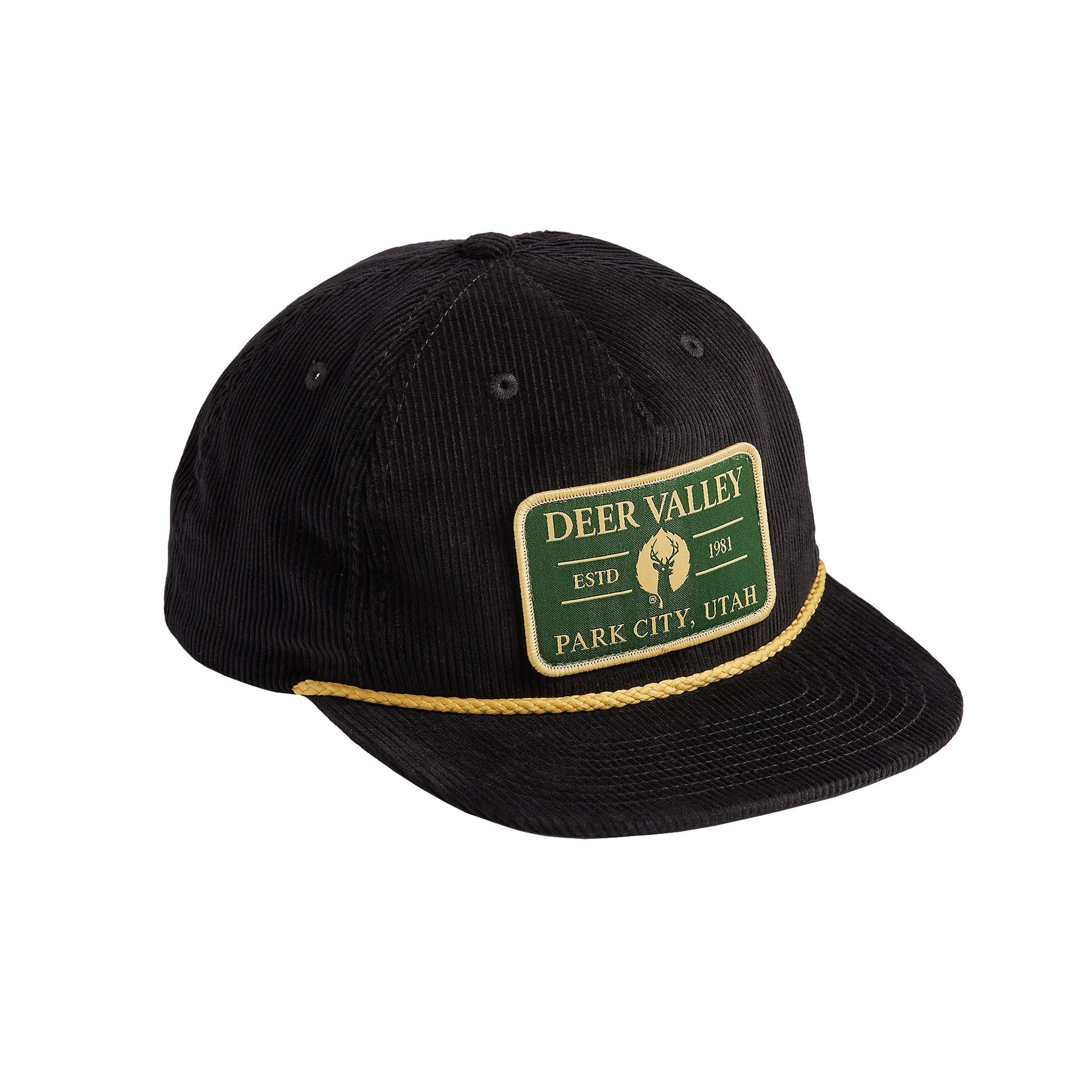 Side view of black corduroy cap with golden rope across brim and adjustable snapback