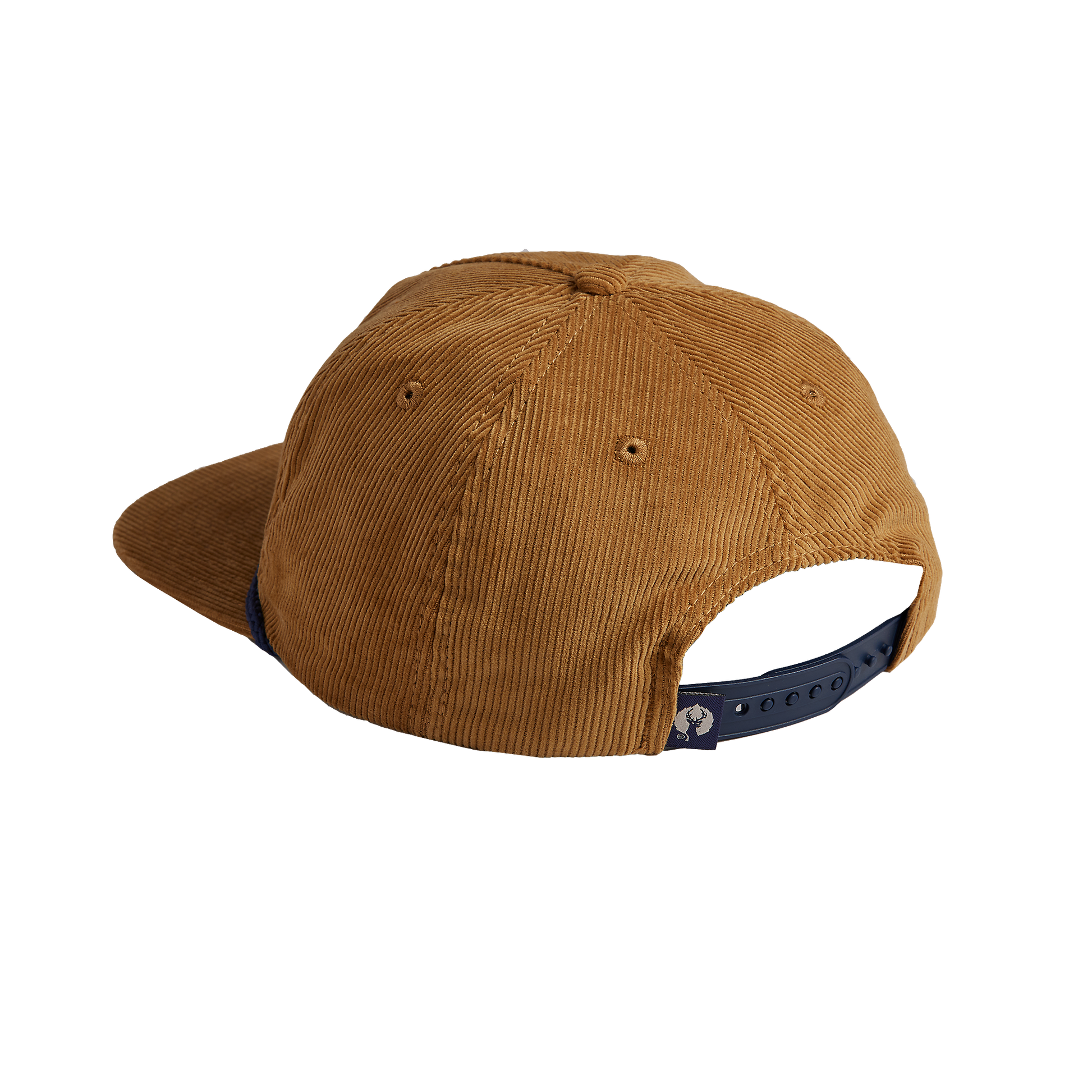 back view of Khaki colored corduroy cap with a blue rope across the brim with adjustable snapback
