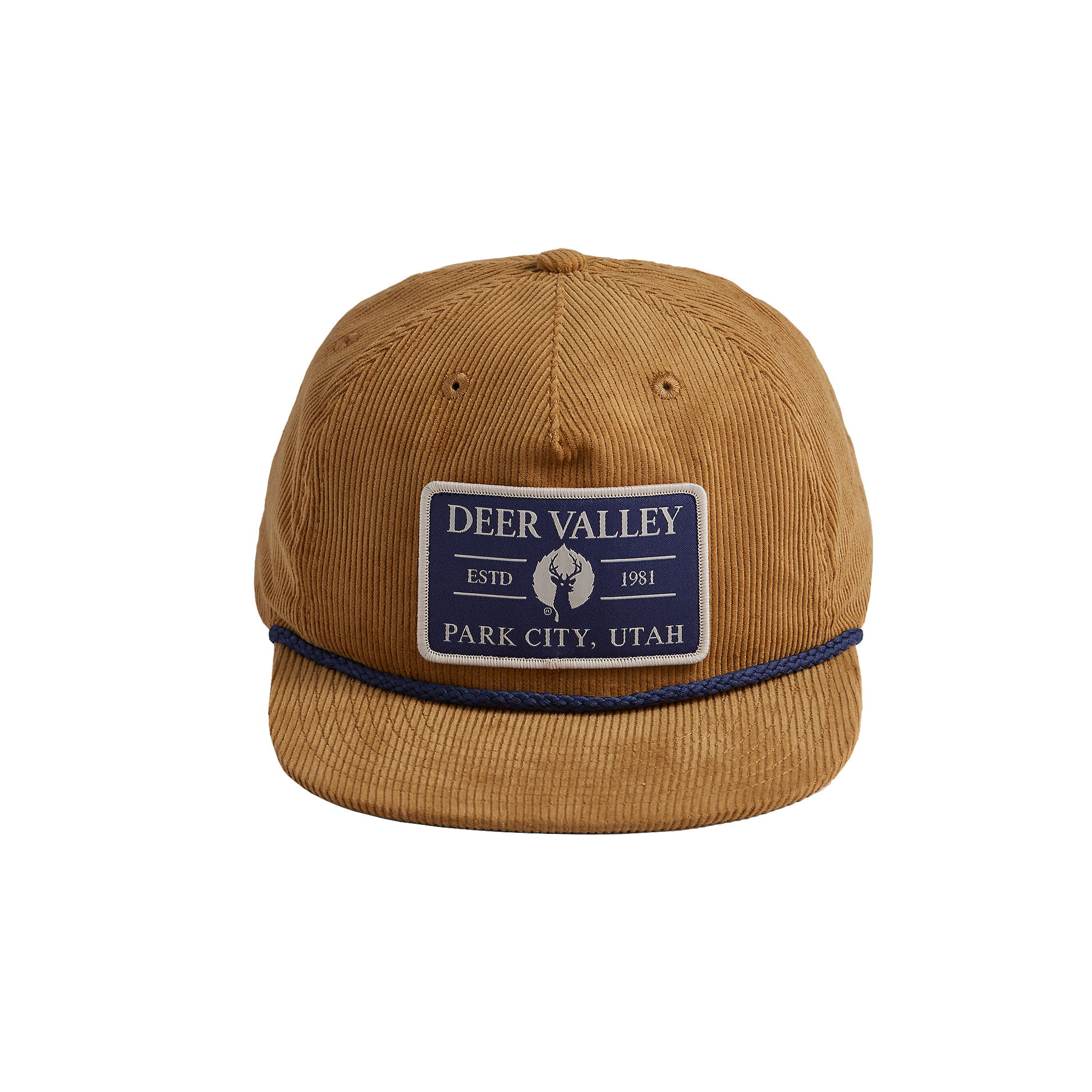 Khaki colored corduroy cap with a blue rope across the brim