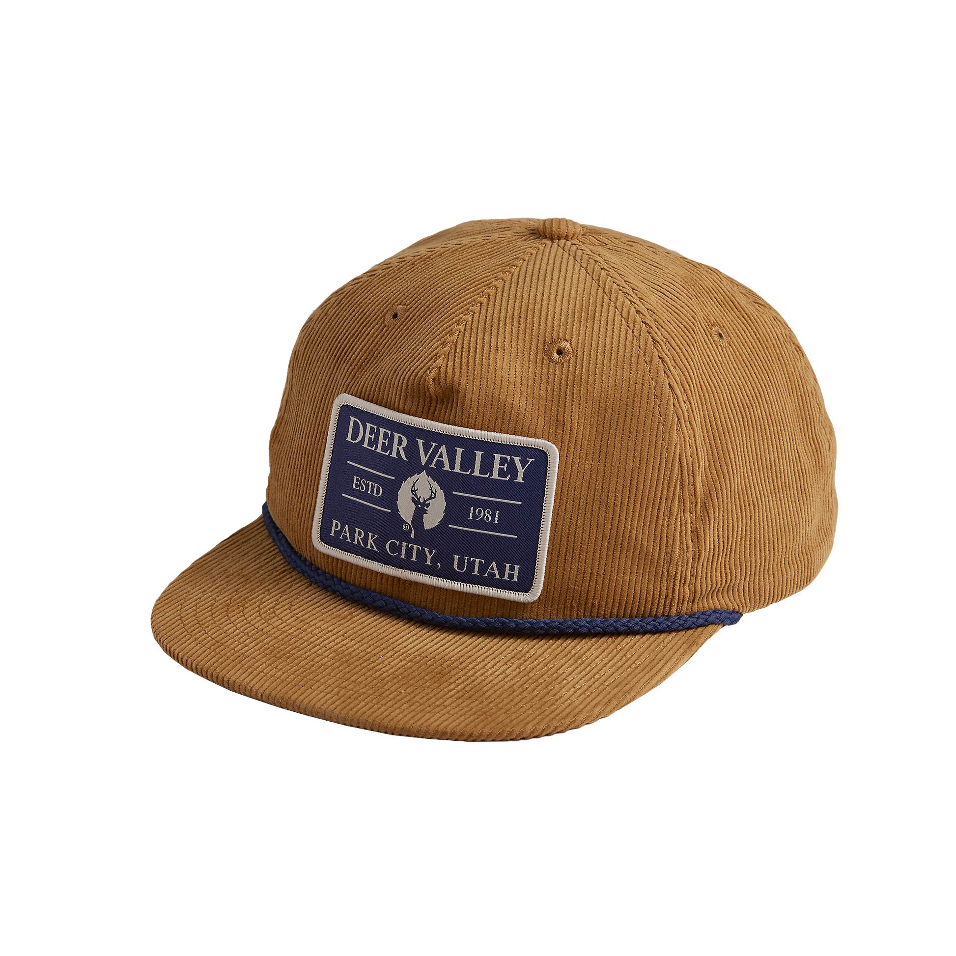 side view of Khaki colored corduroy cap with a blue rope across the brim