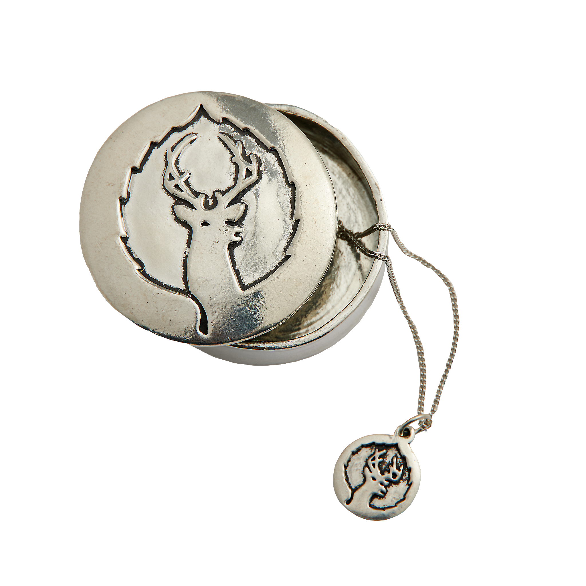 Pewter necklace of deer valleys logo with a wishbox 