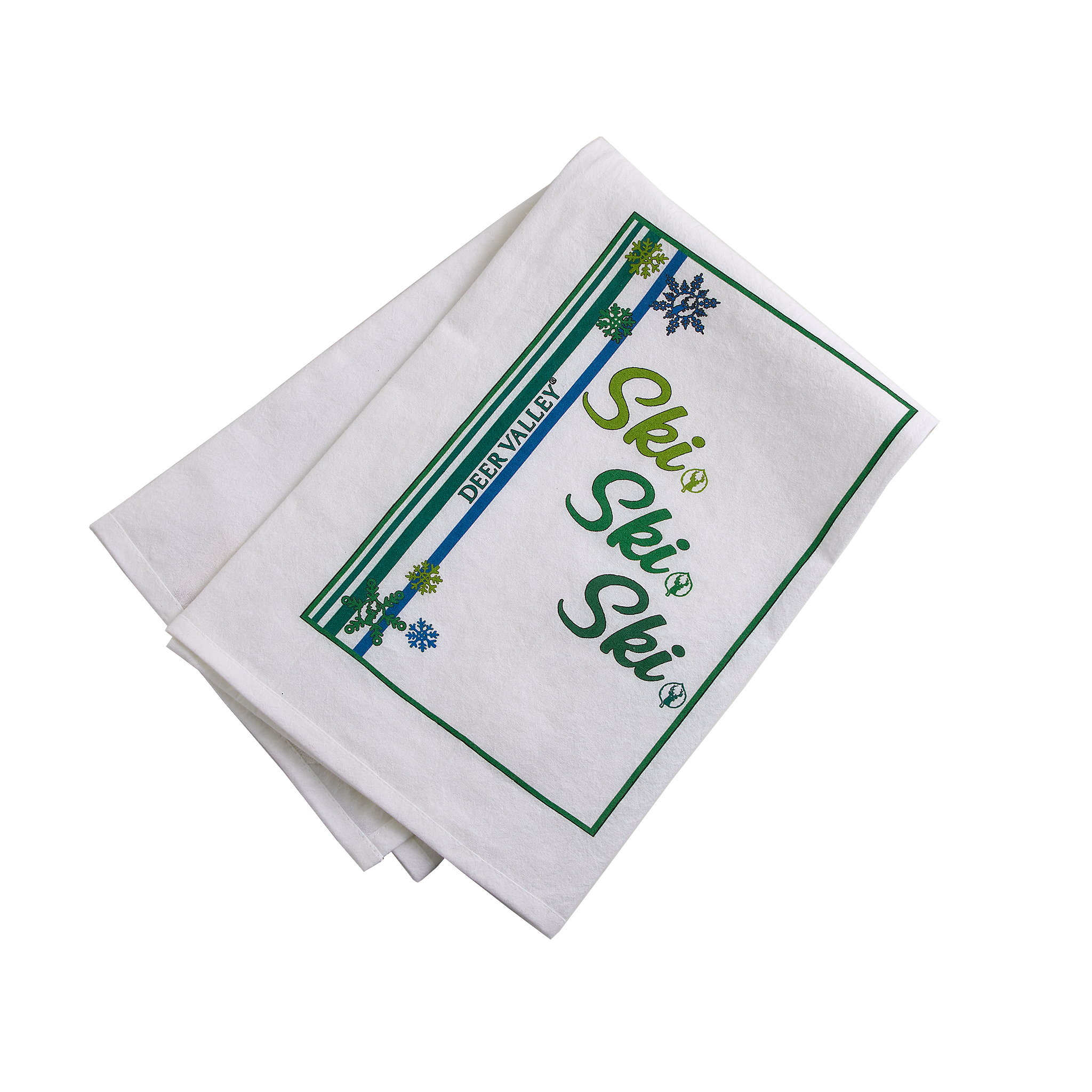tea towel designed with snowflakes and ski ski ski