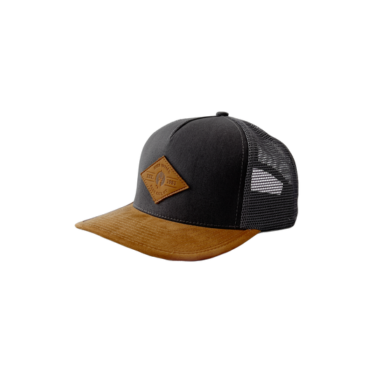 a suede brimmed snapback hat with a carbon color  a carbon color 