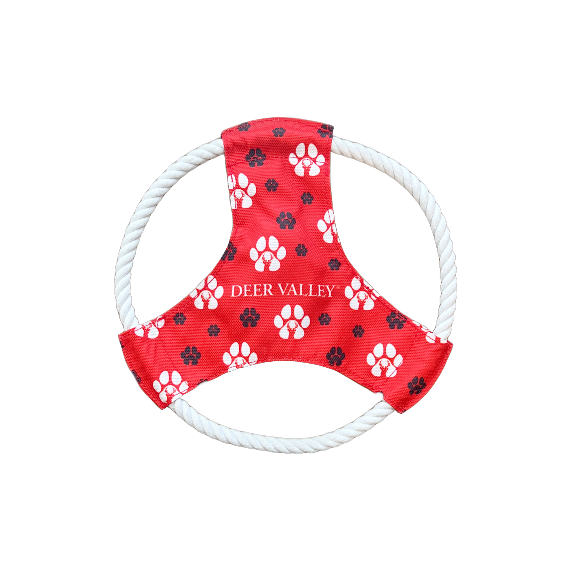 red and white dog paw throwable rope toy with deer valley logo