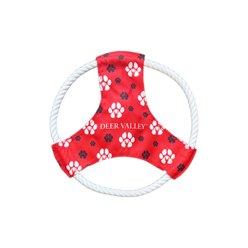 red and white dog paw throwable rope toy with deer valley logo