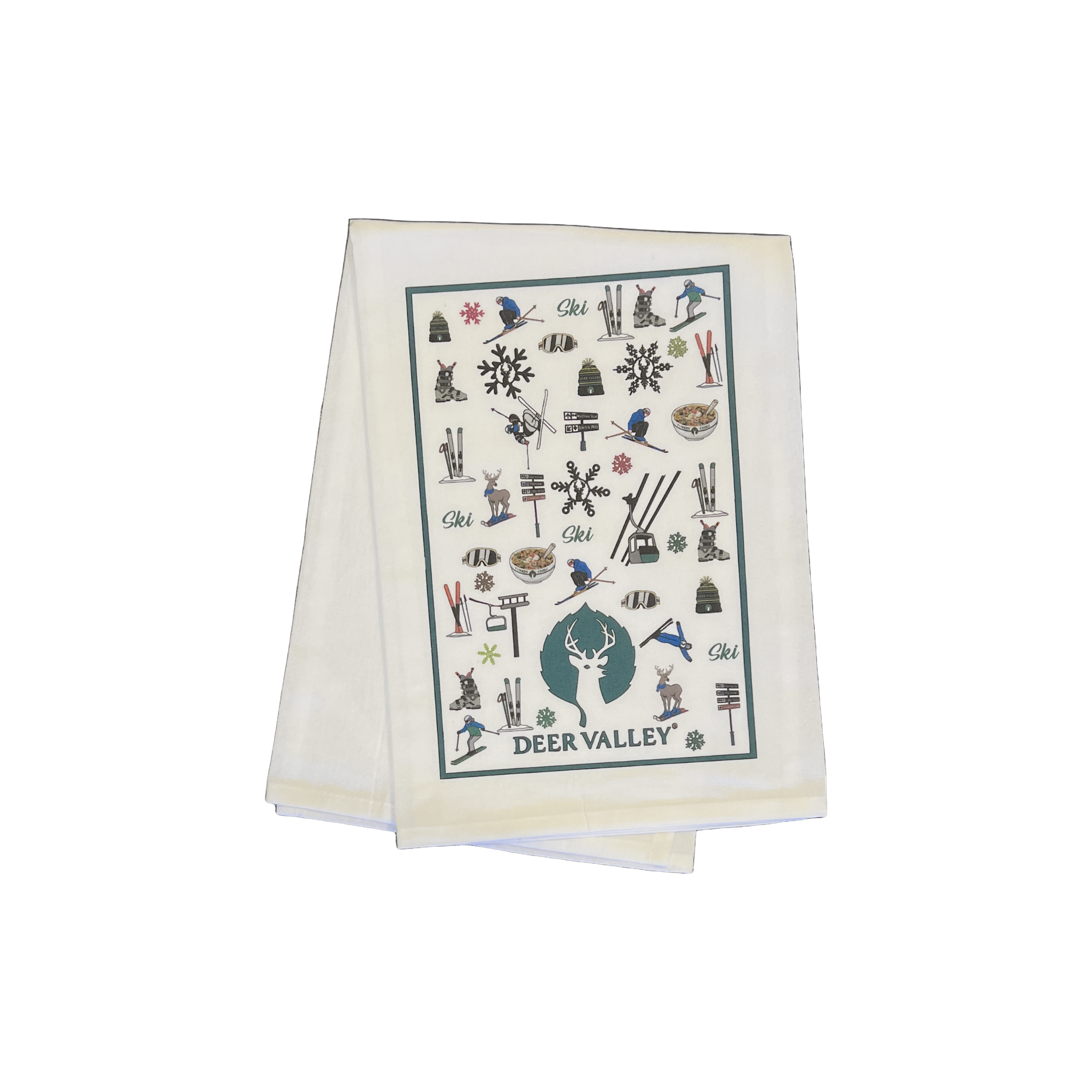 cotton tea towel covered in icons representing deer valley