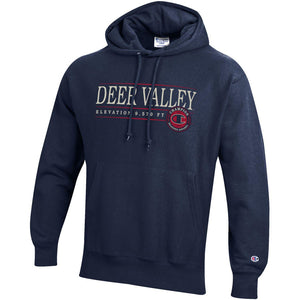 A navy blue reverse weave hoody with in-line Deer Valley logo