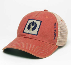 Faded red trucker style Deer Valley ballcap with mesh back