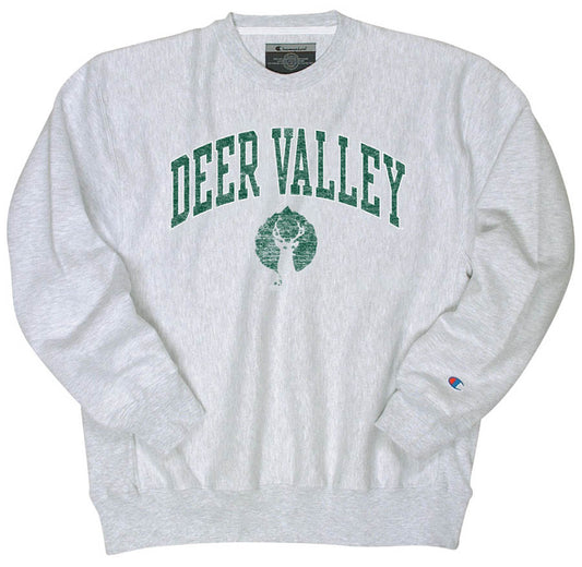 the classic reverse weave cotton crew from champion featuring a green deer valley logo
